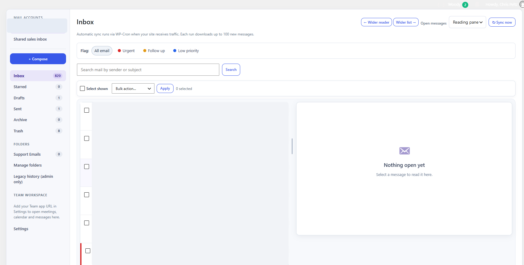Real MailBuddy WordPress inbox showing mailbox folders, flag filters, search, list controls and reading pane; private message details hidden